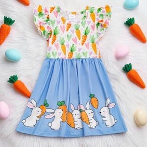Cute Bunny Rabbit Carrot and Heart Little Girls Easter Shortsleeve‎ Midi Dress